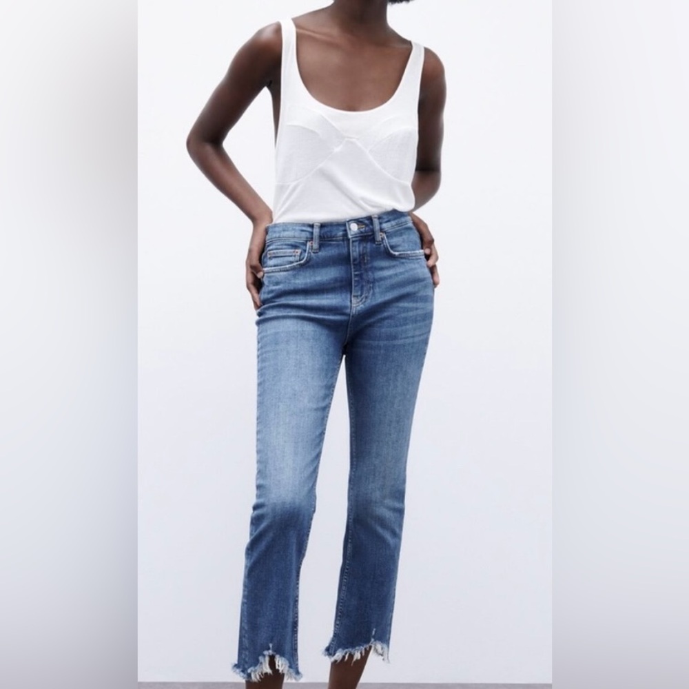 Zara High Rise Slightly Cropped “Boot-Cut” Flare Jeans w/ Raw Hem